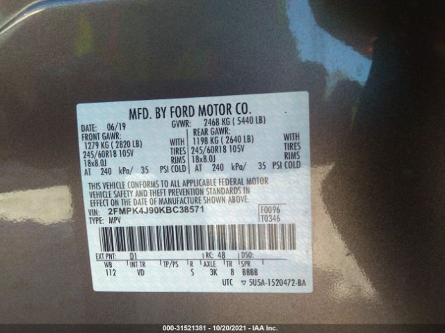 Photo 8 VIN: 2FMPK4J90KBC38571 - FORD EDGE 