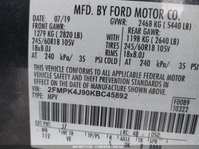 Photo 8 VIN: 2FMPK4J90KBC45892 - FORD EDGE 