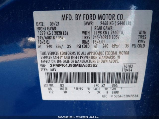 Photo 8 VIN: 2FMPK4J90MBA50362 - FORD EDGE 