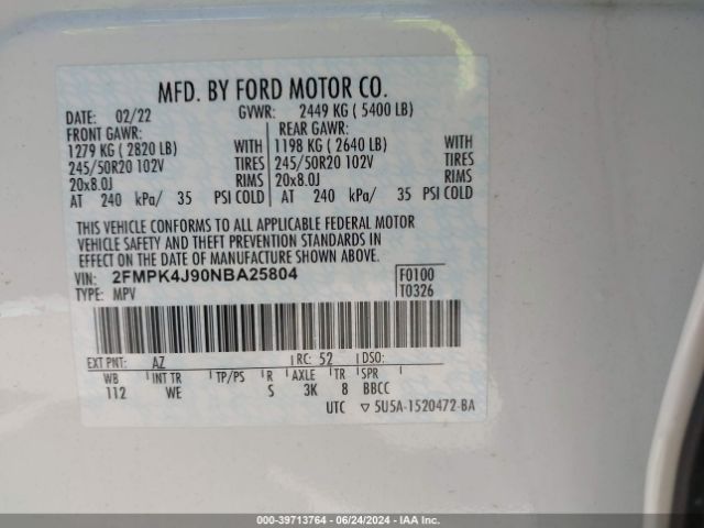 Photo 8 VIN: 2FMPK4J90NBA25804 - FORD EDGE 