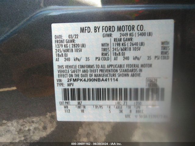 Photo 8 VIN: 2FMPK4J90NBA41114 - FORD EDGE 