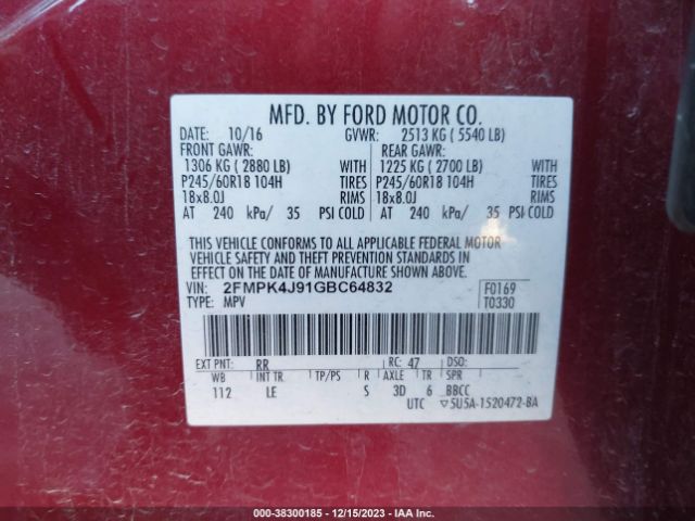 Photo 8 VIN: 2FMPK4J91GBC64832 - FORD EDGE 