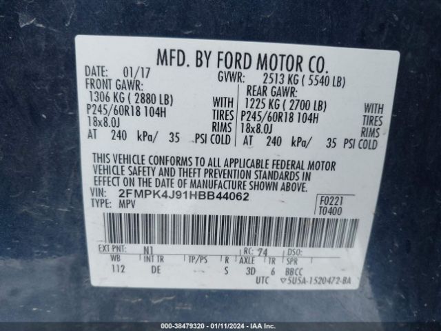 Photo 8 VIN: 2FMPK4J91HBB44062 - FORD EDGE 