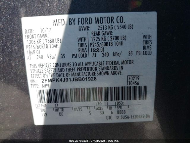 Photo 8 VIN: 2FMPK4J91JBB01928 - FORD EDGE 