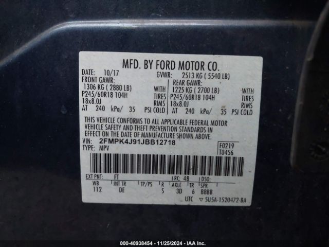 Photo 8 VIN: 2FMPK4J91JBB12718 - FORD EDGE 