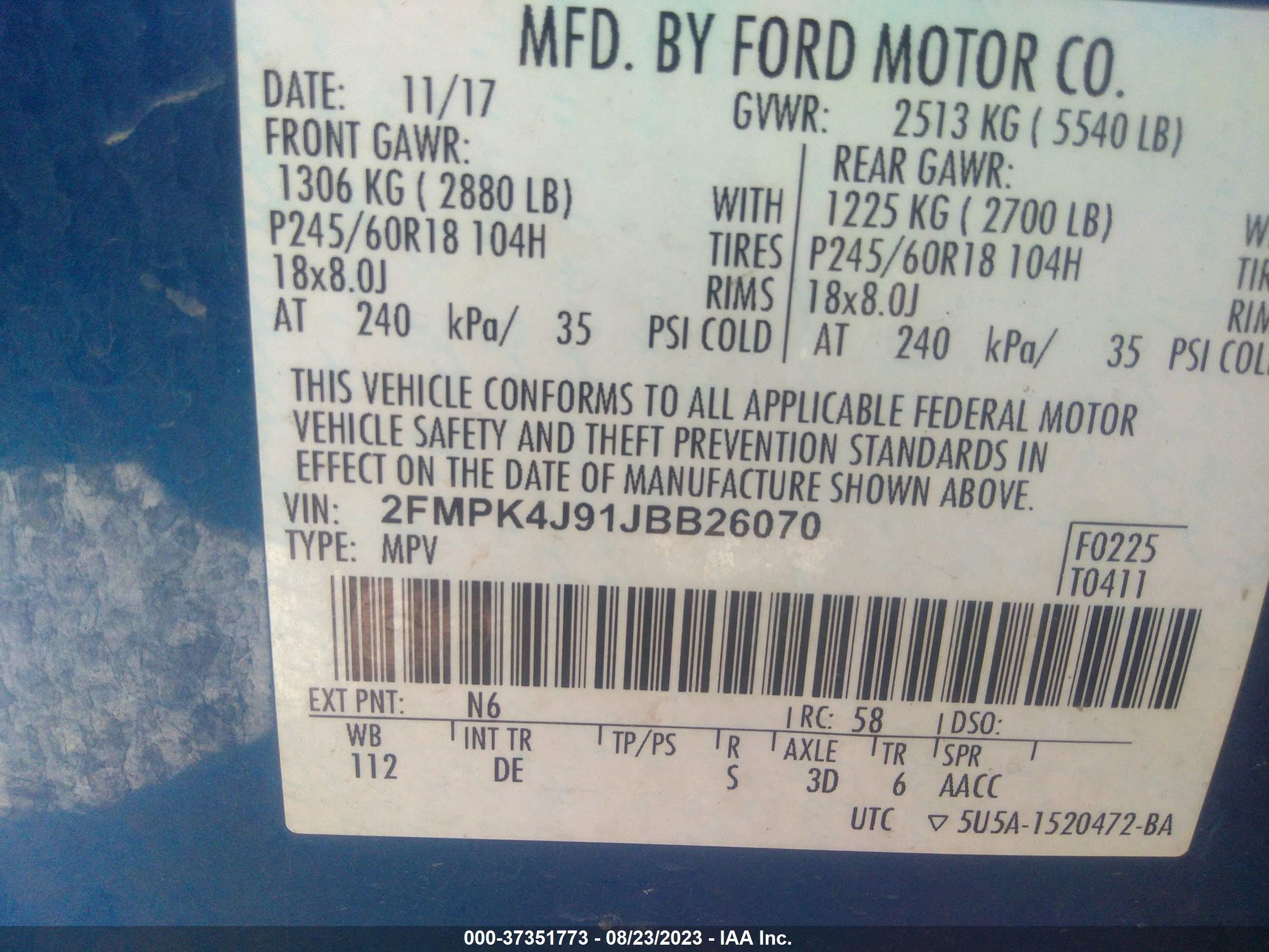 Photo 8 VIN: 2FMPK4J91JBB26070 - FORD EDGE 