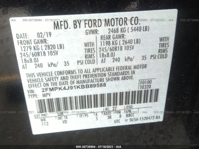 Photo 8 VIN: 2FMPK4J91KBB89588 - FORD EDGE 