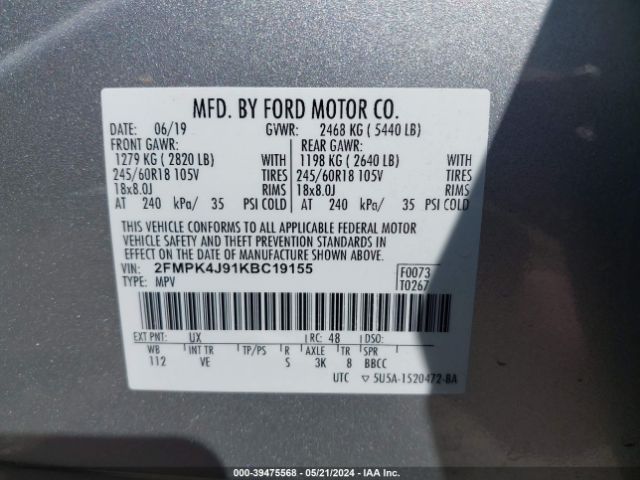 Photo 8 VIN: 2FMPK4J91KBC19155 - FORD EDGE 