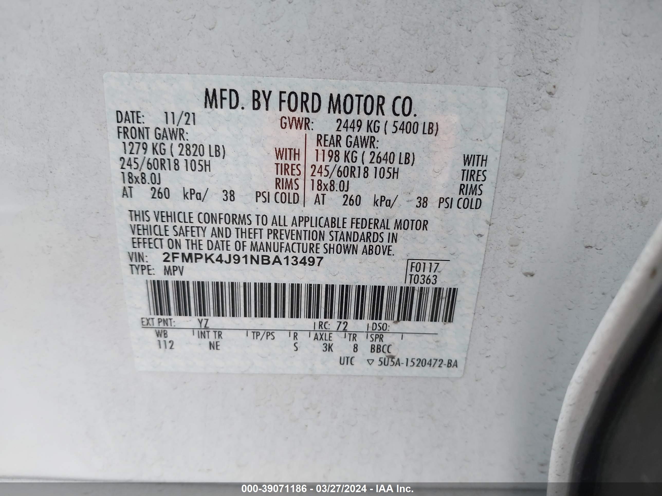 Photo 8 VIN: 2FMPK4J91NBA13497 - FORD EDGE 