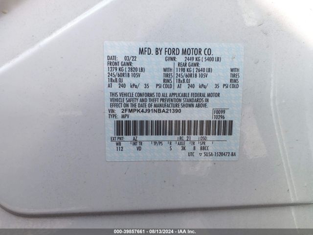 Photo 8 VIN: 2FMPK4J91NBA21390 - FORD EDGE 