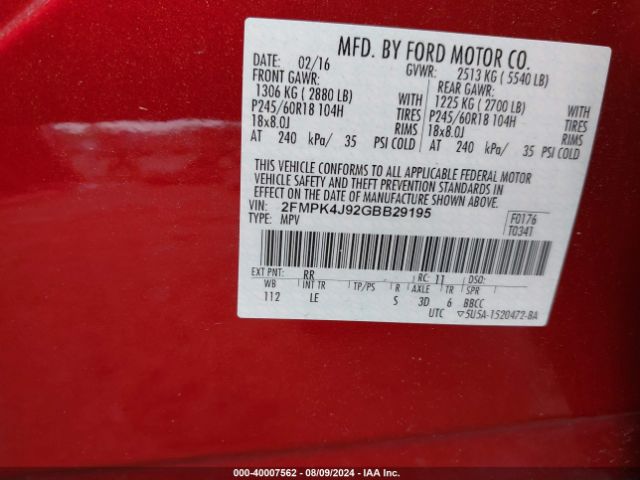 Photo 8 VIN: 2FMPK4J92GBB29195 - FORD EDGE 