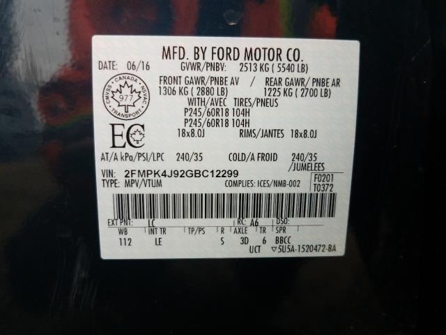 Photo 9 VIN: 2FMPK4J92GBC12299 - FORD EDGE SEL 