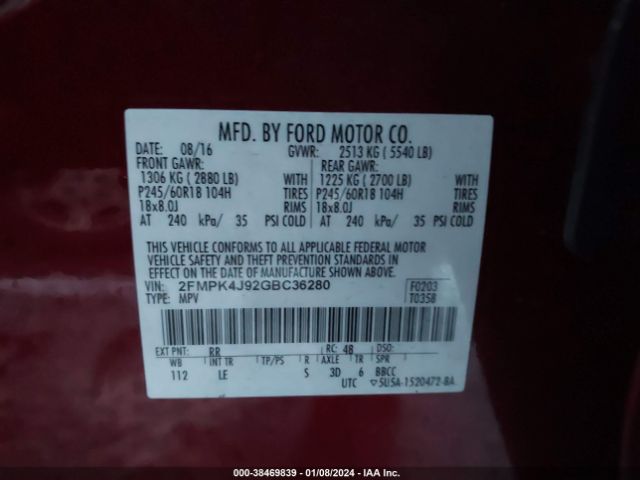 Photo 8 VIN: 2FMPK4J92GBC36280 - FORD EDGE 