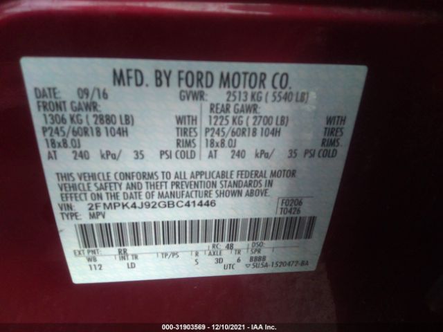 Photo 8 VIN: 2FMPK4J92GBC41446 - FORD EDGE 