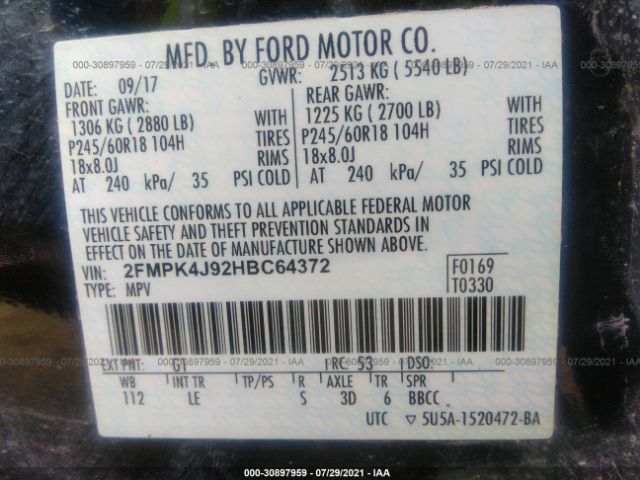 Photo 8 VIN: 2FMPK4J92HBC64372 - FORD EDGE 