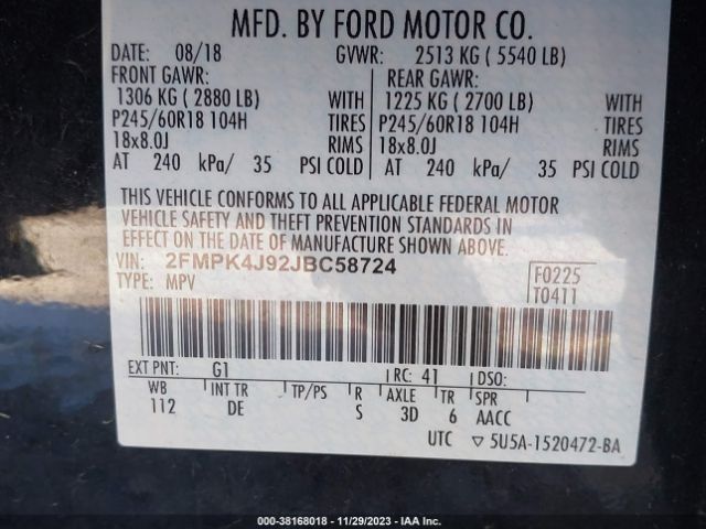 Photo 8 VIN: 2FMPK4J92JBC58724 - FORD EDGE 