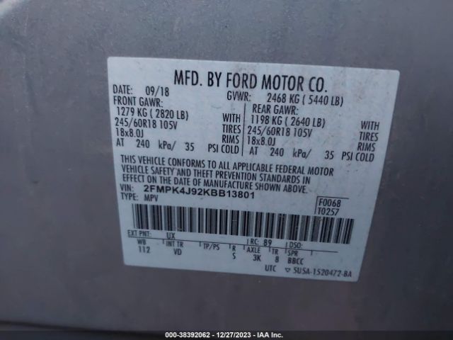 Photo 8 VIN: 2FMPK4J92KBB13801 - FORD EDGE 