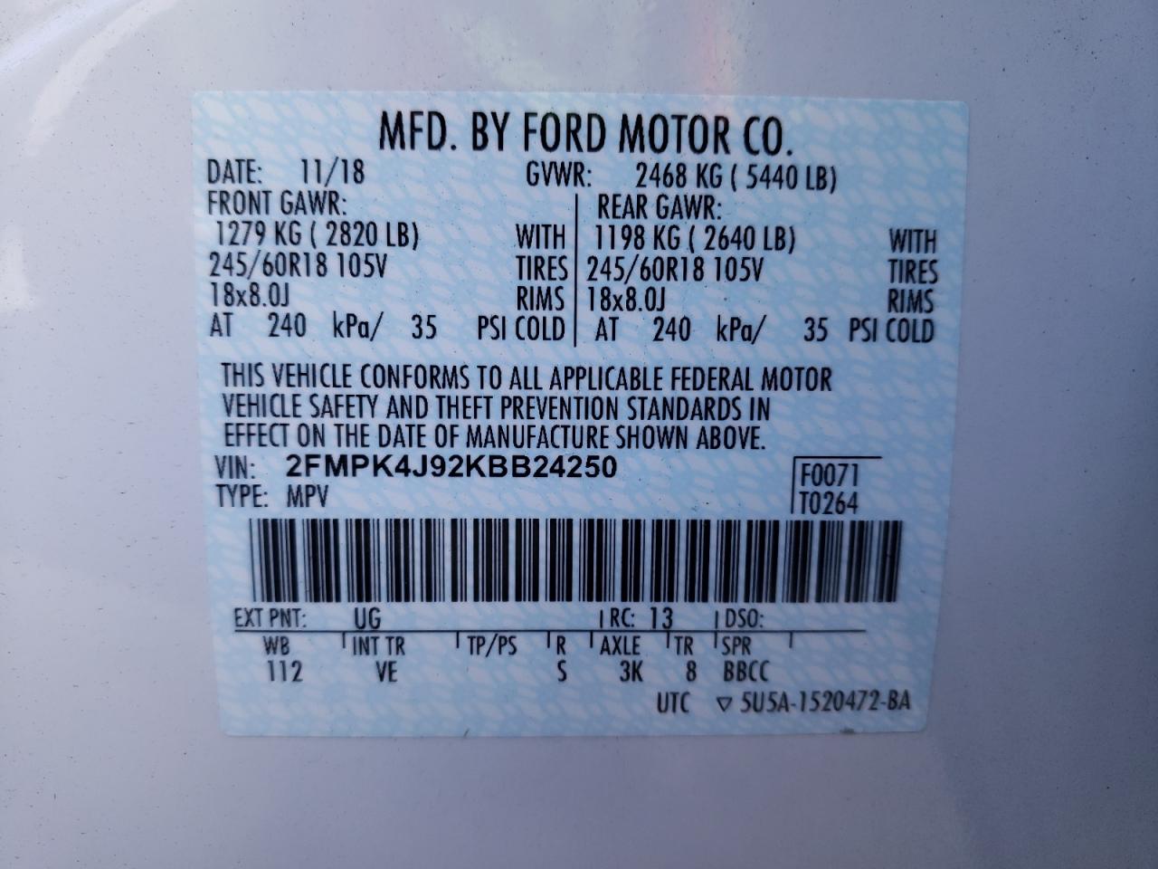 Photo 9 VIN: 2FMPK4J92KBB24250 - FORD EDGE 