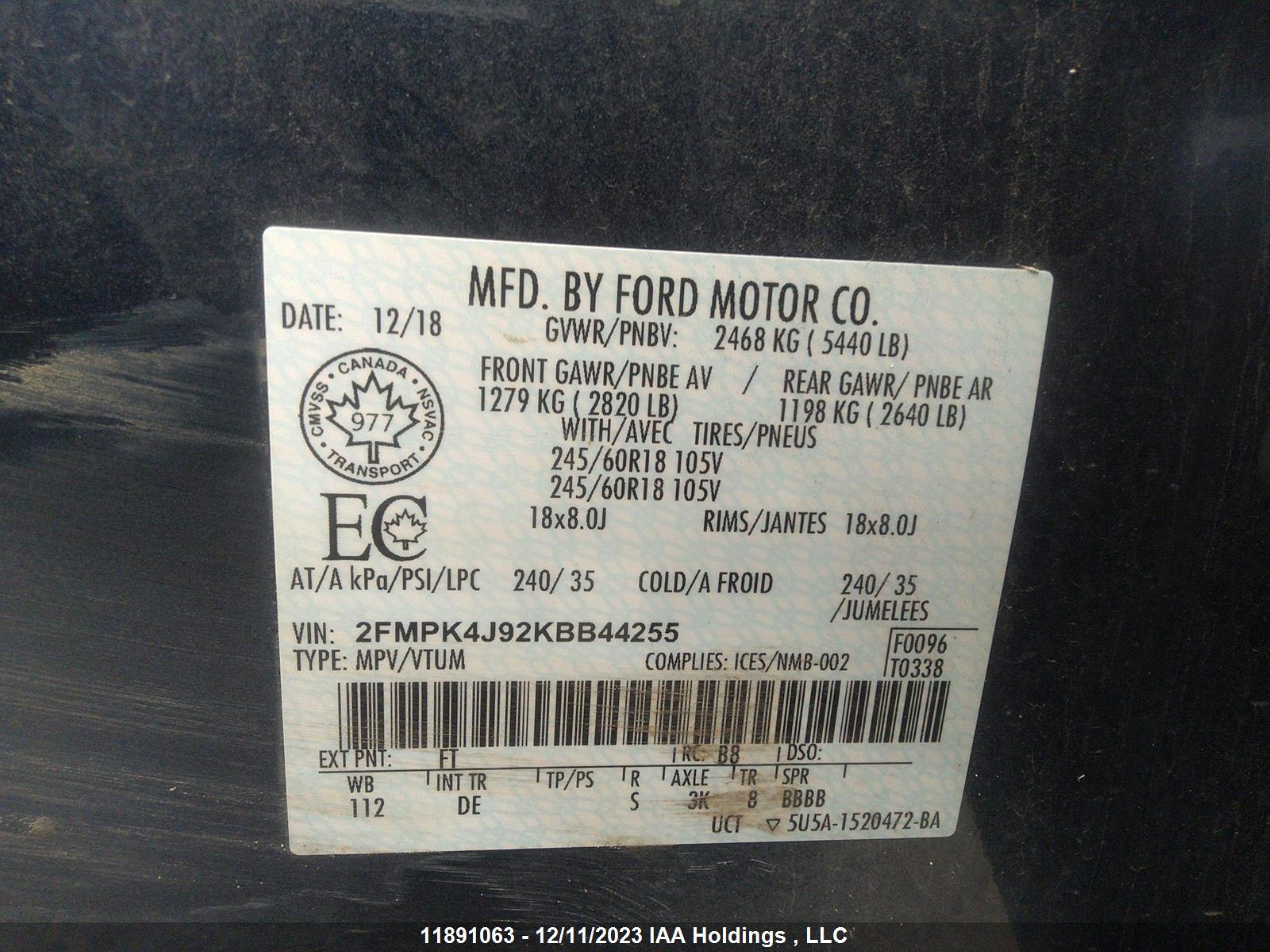 Photo 8 VIN: 2FMPK4J92KBB44255 - FORD EDGE 