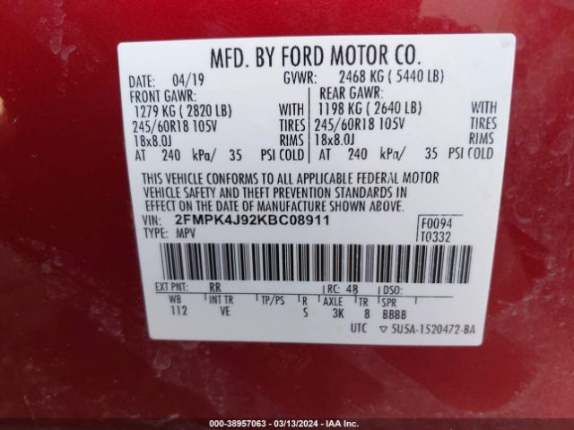 Photo 8 VIN: 2FMPK4J92KBC08911 - FORD EDGE 