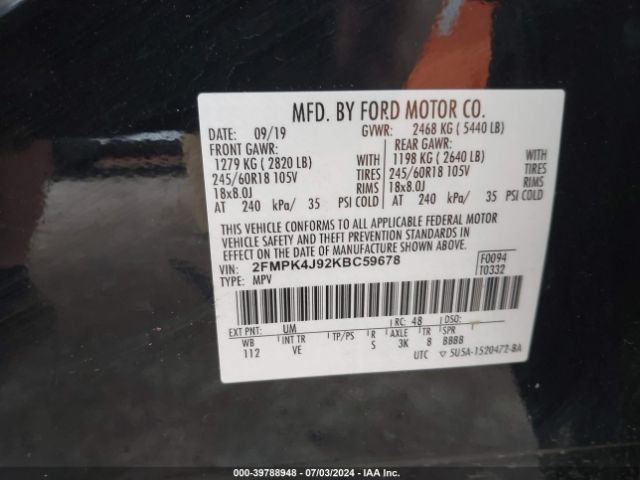 Photo 8 VIN: 2FMPK4J92KBC59678 - FORD EDGE 