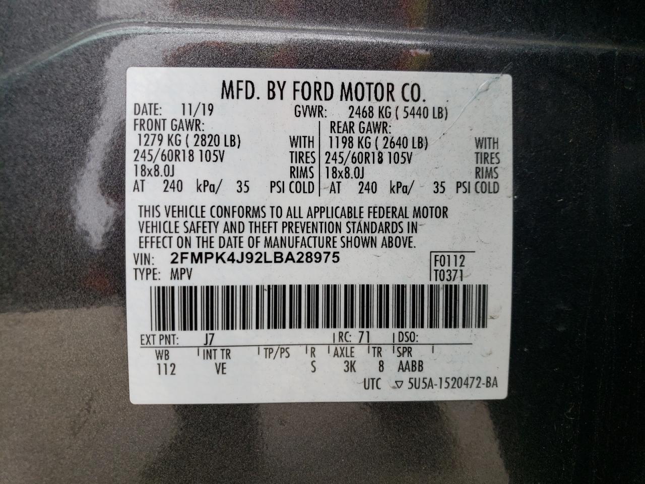 Photo 12 VIN: 2FMPK4J92LBA28975 - FORD EDGE 