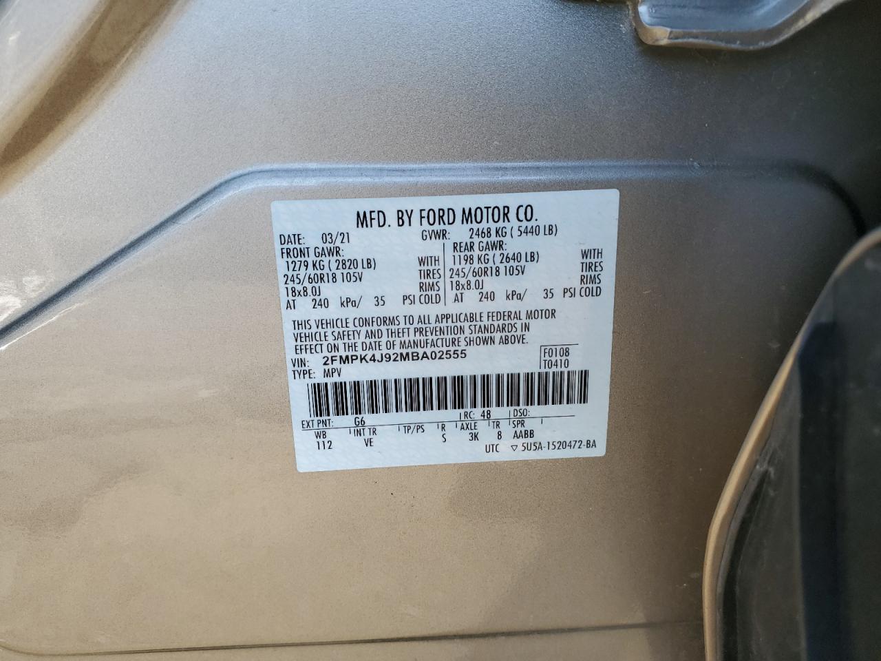 Photo 12 VIN: 2FMPK4J92MBA02555 - FORD EDGE 