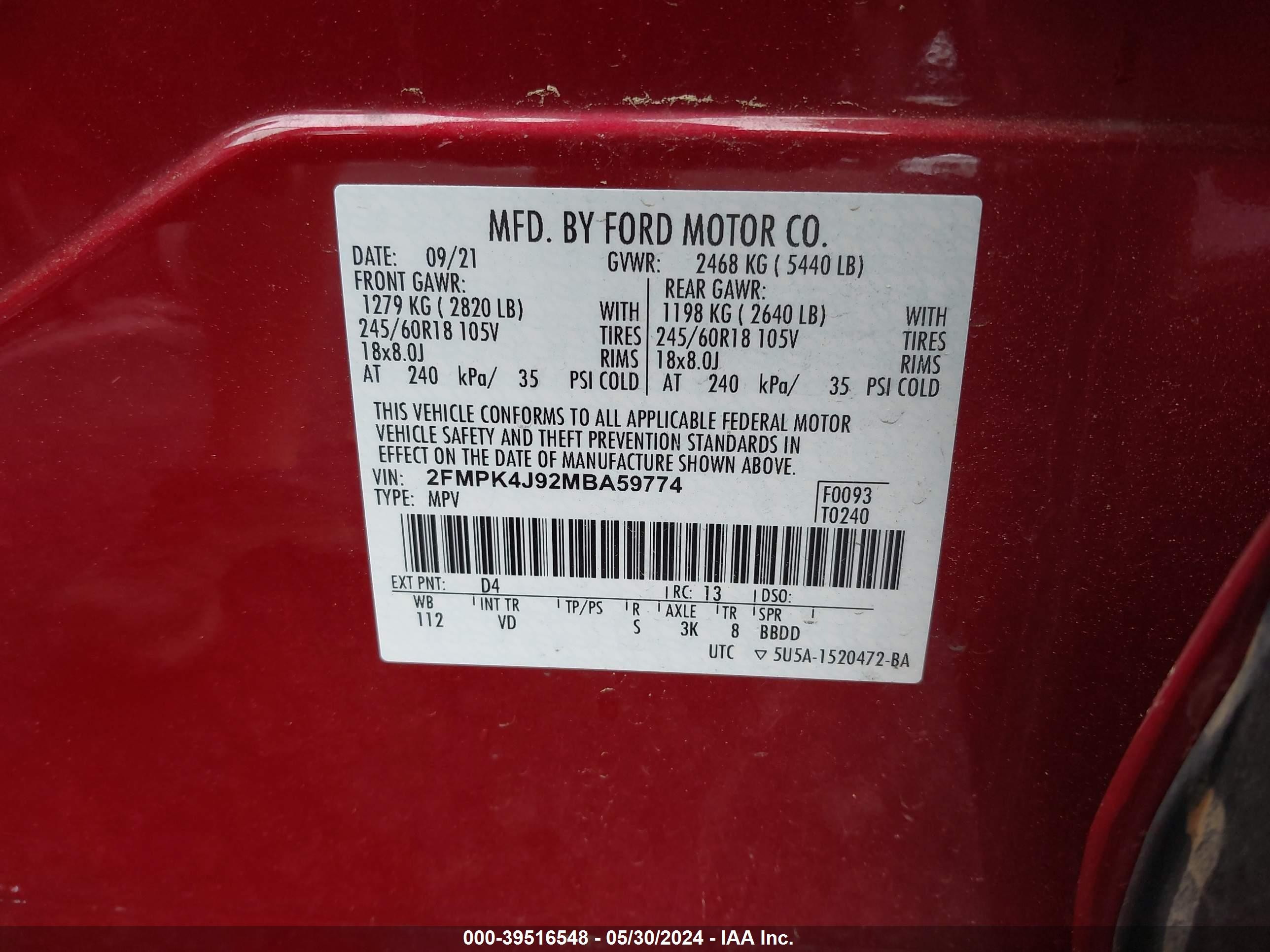 Photo 8 VIN: 2FMPK4J92MBA59774 - FORD EDGE 