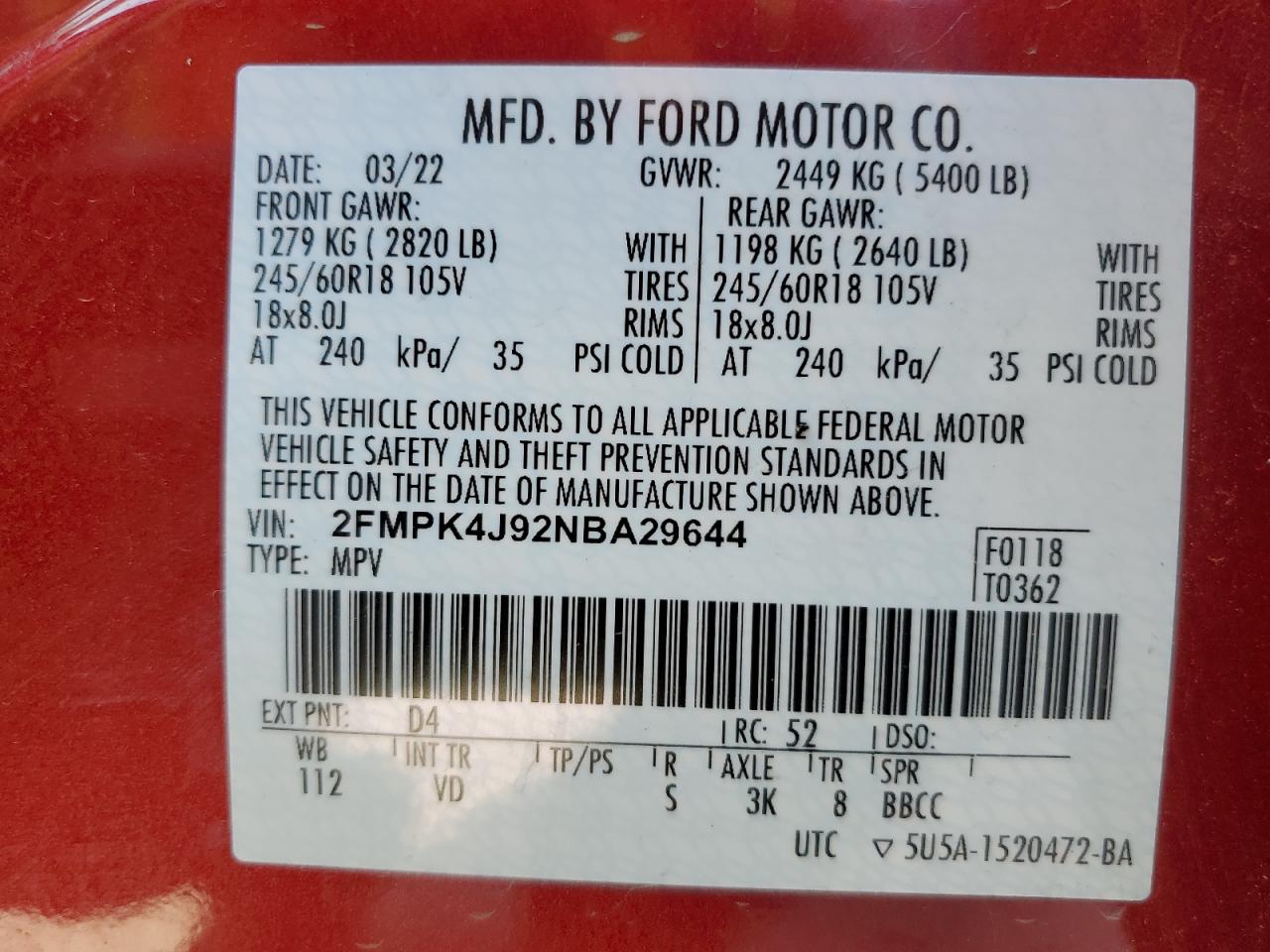 Photo 12 VIN: 2FMPK4J92NBA29644 - FORD EDGE 