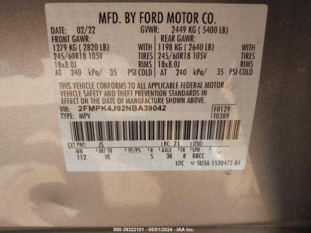 Photo 8 VIN: 2FMPK4J92NBA39042 - FORD EDGE 