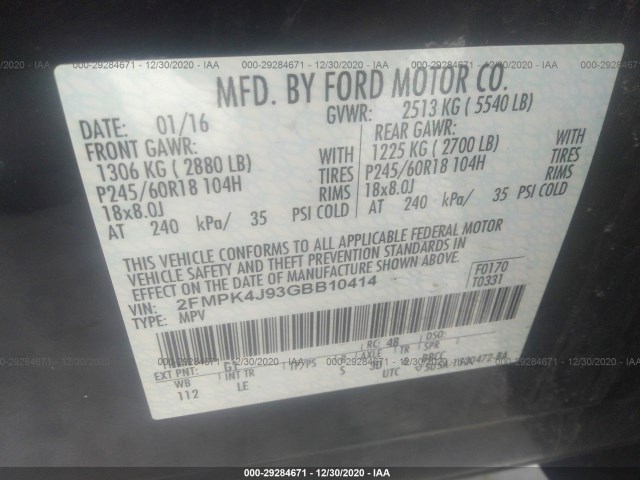 Photo 8 VIN: 2FMPK4J93GBB10414 - FORD EDGE 