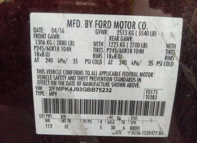 Photo 8 VIN: 2FMPK4J93GBB75232 - FORD EDGE 