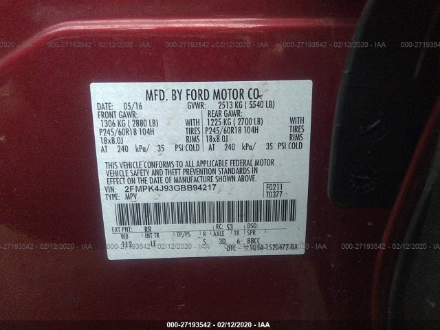 Photo 8 VIN: 2FMPK4J93GBB94217 - FORD EDGE 