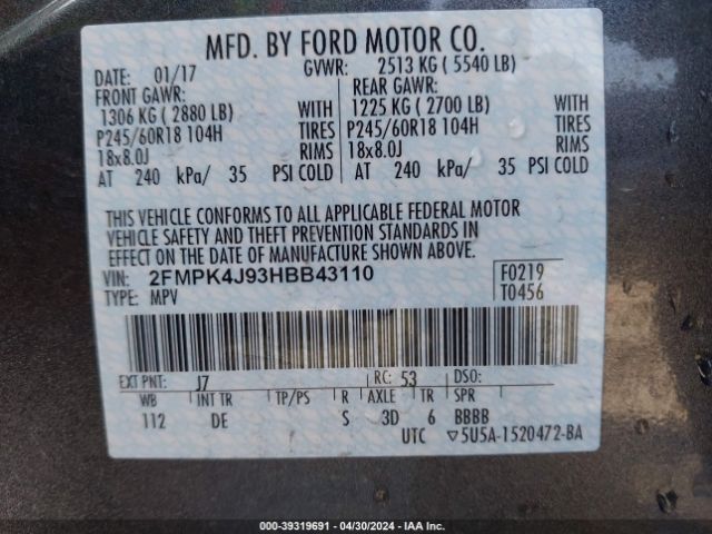 Photo 8 VIN: 2FMPK4J93HBB43110 - FORD EDGE 