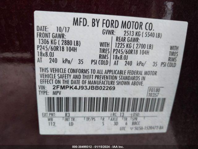 Photo 8 VIN: 2FMPK4J93JBB02269 - FORD EDGE 