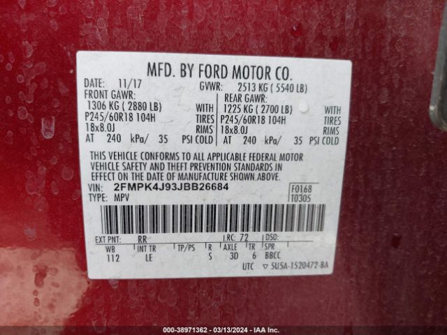 Photo 8 VIN: 2FMPK4J93JBB26684 - FORD EDGE 