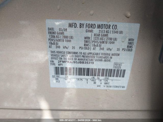 Photo 8 VIN: 2FMPK4J93JBB35319 - FORD EDGE 