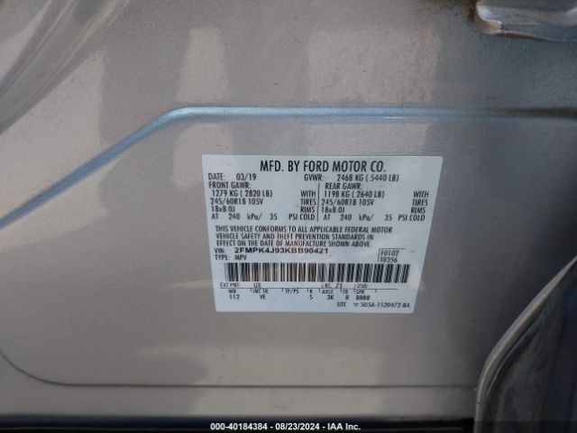 Photo 8 VIN: 2FMPK4J93KBB90421 - FORD EDGE 