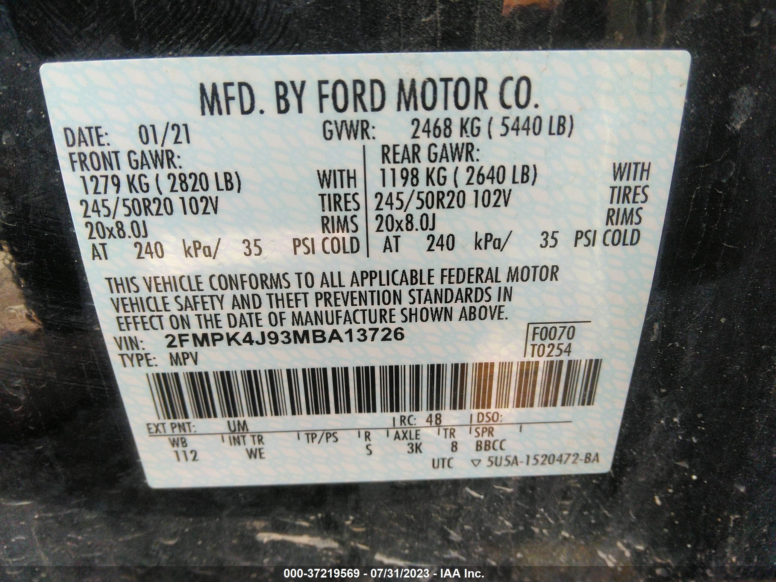 Photo 8 VIN: 2FMPK4J93MBA13726 - FORD EDGE 