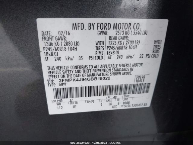 Photo 8 VIN: 2FMPK4J94GBB18022 - FORD EDGE 