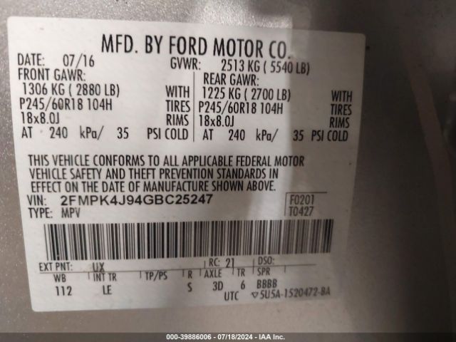 Photo 8 VIN: 2FMPK4J94GBC25247 - FORD EDGE 