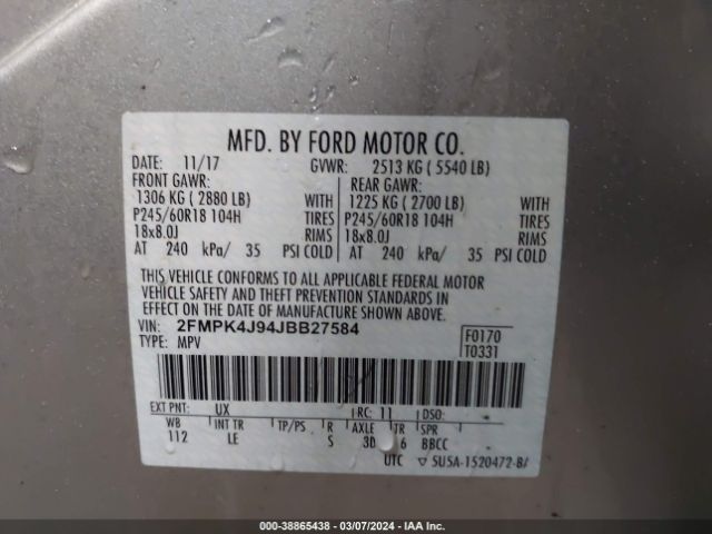 Photo 8 VIN: 2FMPK4J94JBB27584 - FORD EDGE 