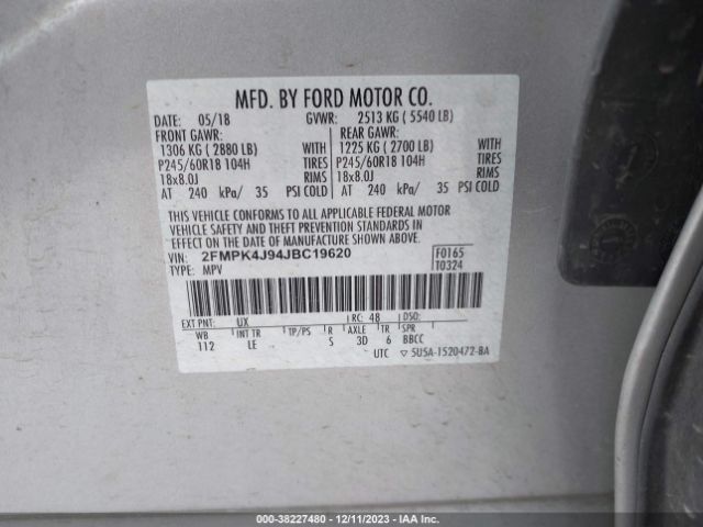 Photo 8 VIN: 2FMPK4J94JBC19620 - FORD EDGE 