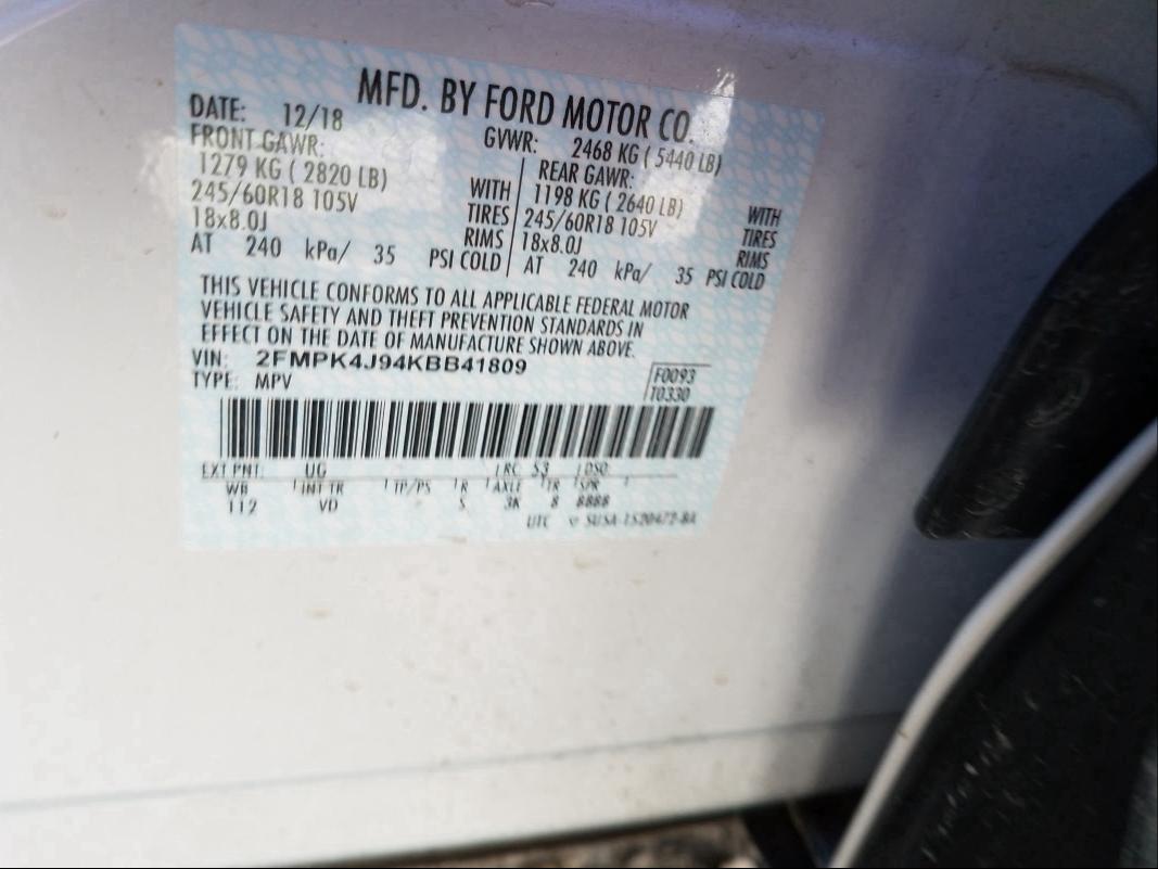 Photo 9 VIN: 2FMPK4J94KBB41809 - FORD EDGE 