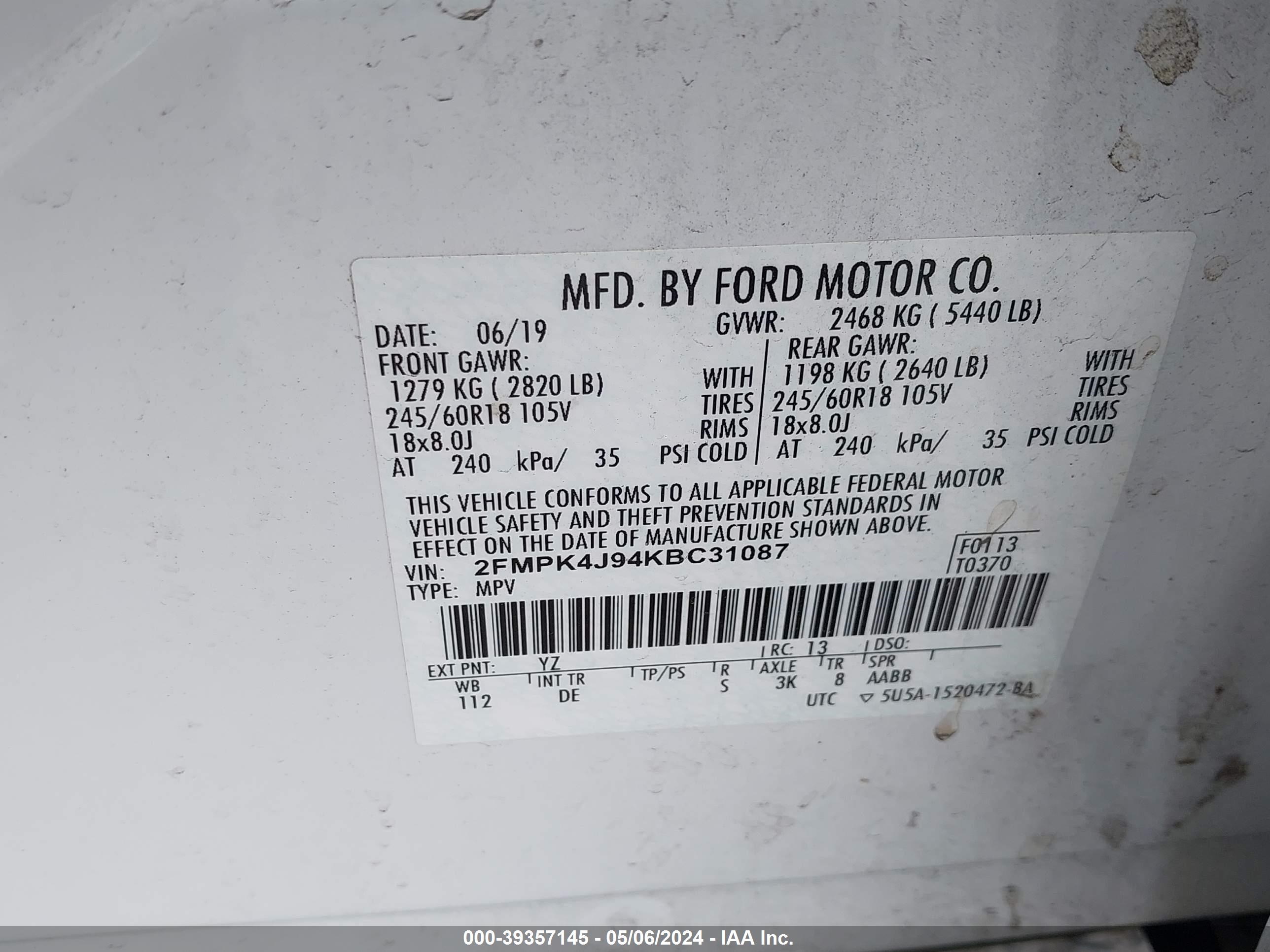 Photo 8 VIN: 2FMPK4J94KBC31087 - FORD EDGE 