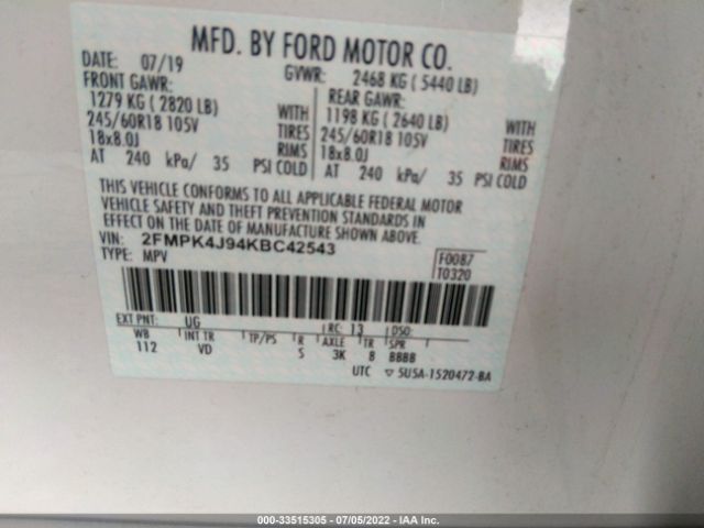 Photo 8 VIN: 2FMPK4J94KBC42543 - FORD EDGE 