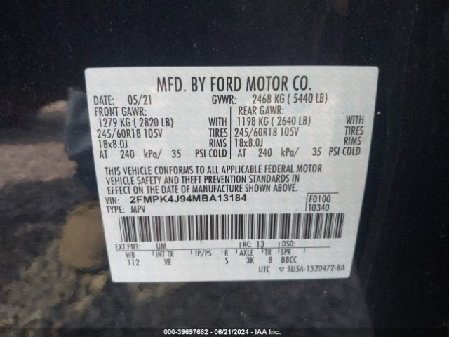 Photo 8 VIN: 2FMPK4J94MBA13184 - FORD EDGE 