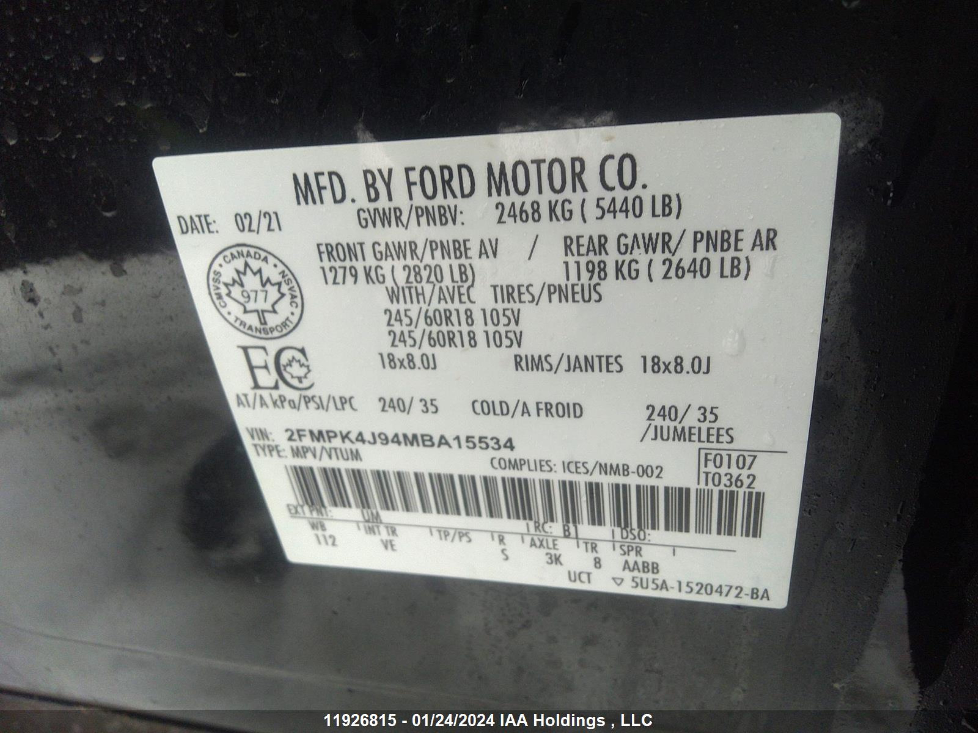 Photo 8 VIN: 2FMPK4J94MBA15534 - FORD EDGE 