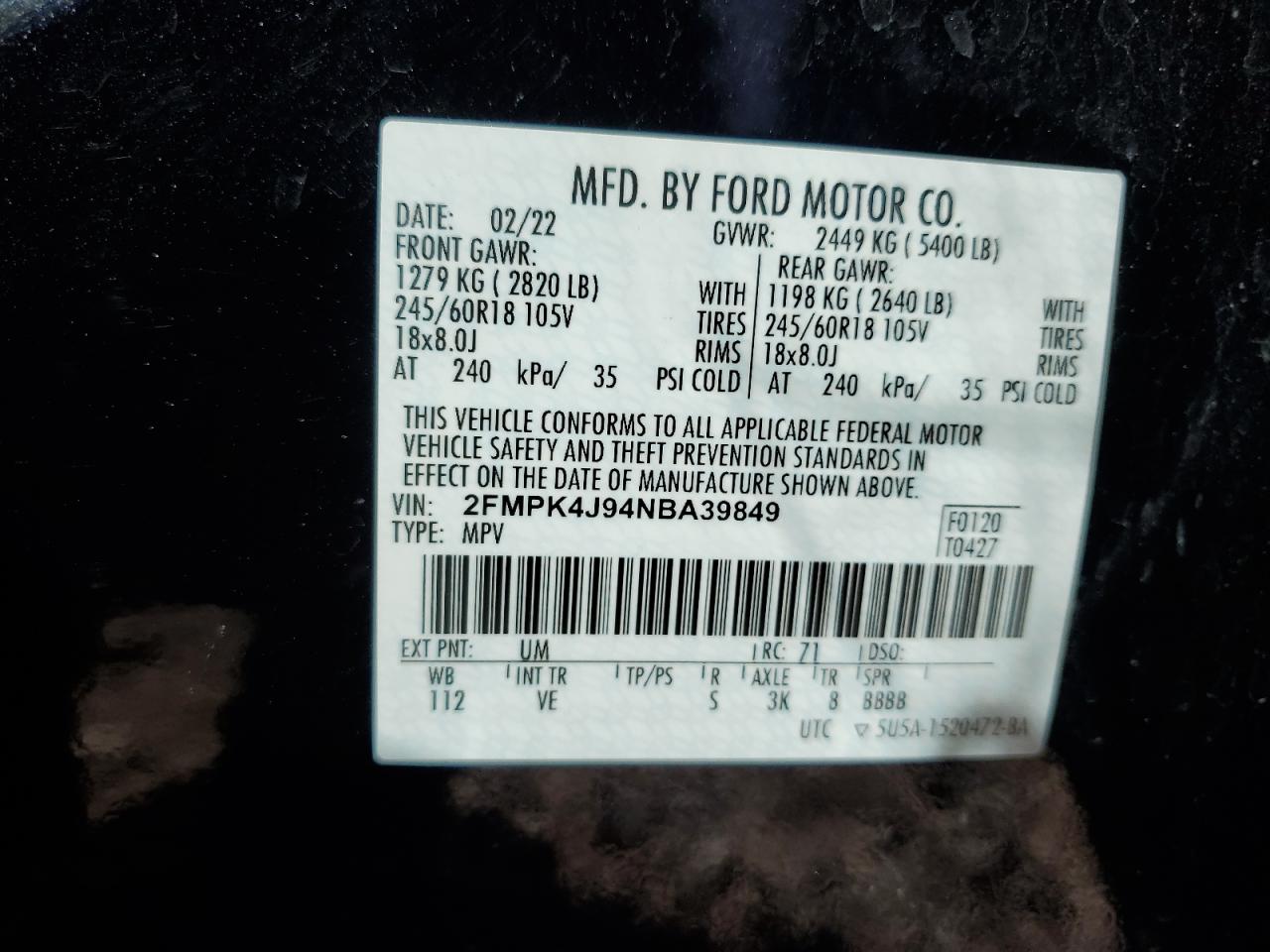 Photo 12 VIN: 2FMPK4J94NBA39849 - FORD EDGE 