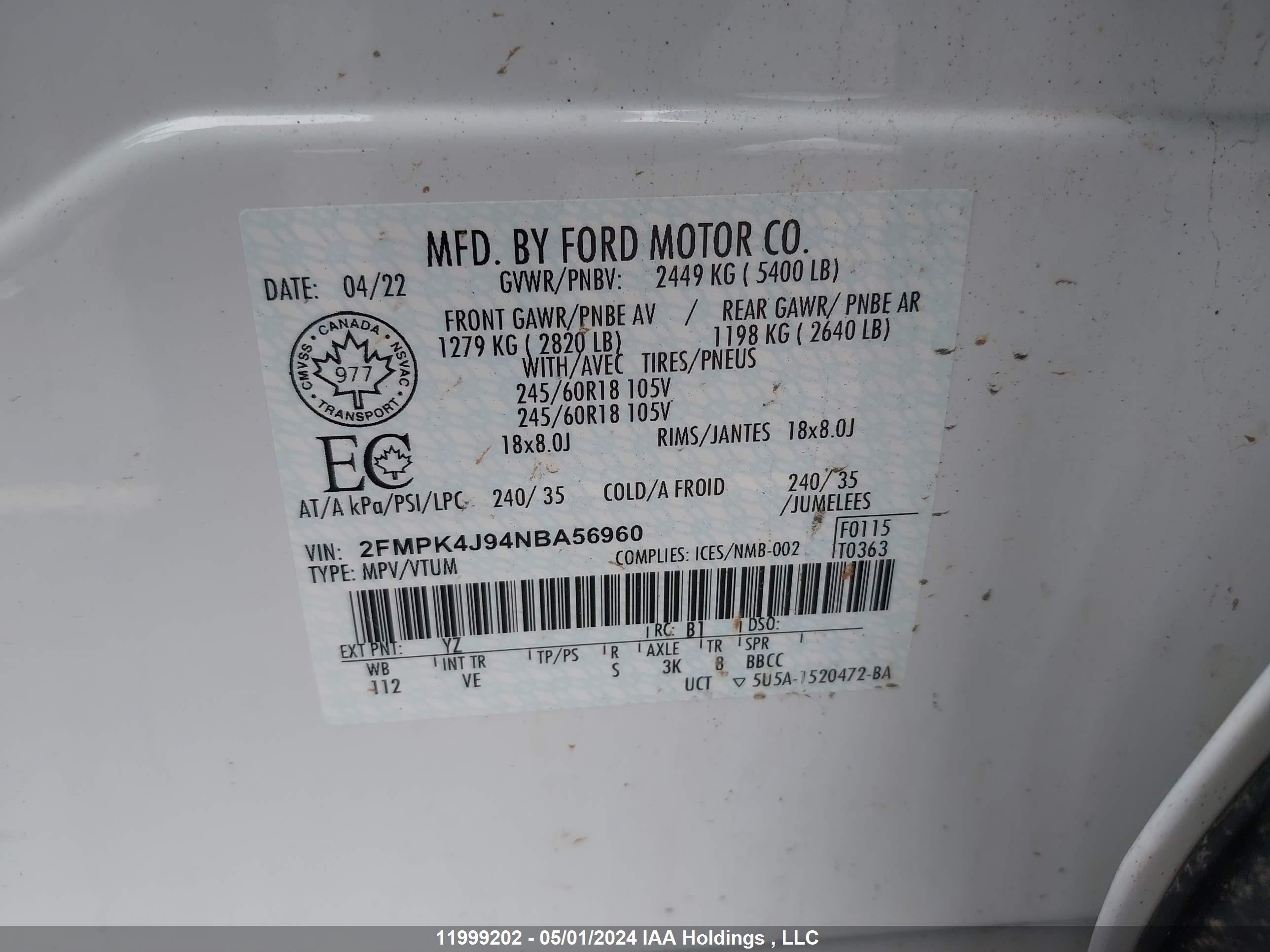 Photo 8 VIN: 2FMPK4J94NBA56960 - FORD EDGE 